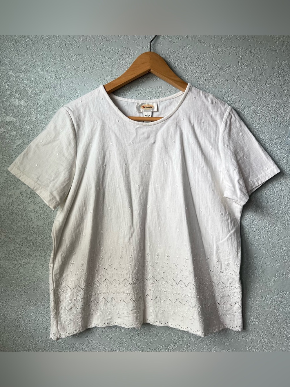Vintage Talbots White Cotton Eyelet Embroidered Blouse Top Size L Made USA